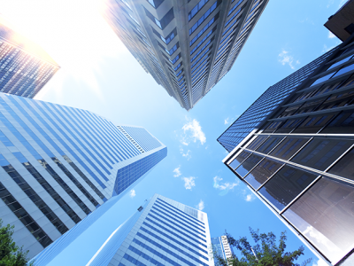 View of sky from between high rise buildings